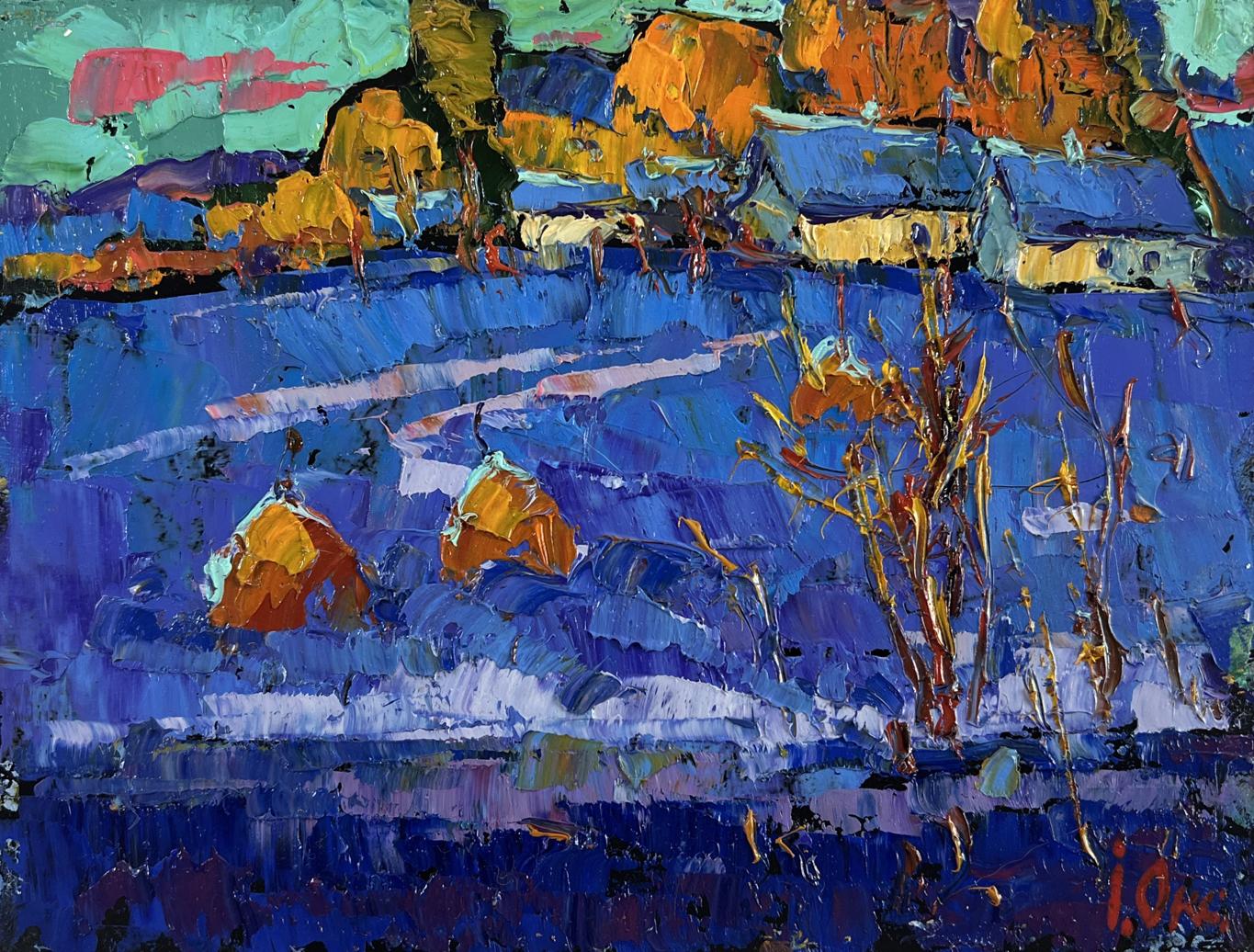 Vibrant impressionist oil painting Frosty stars in evening sky by Oksana Ivanyuk
