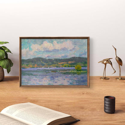 Framed impressionist Oil painting Reservoir by Yury Konovalov, serene water scene