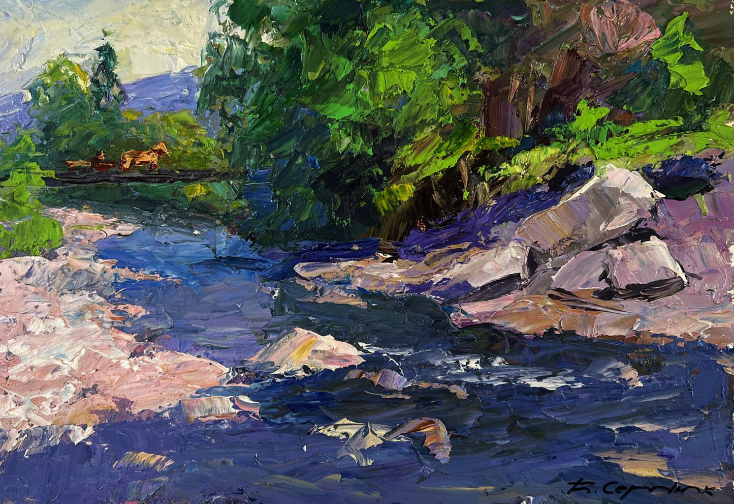 Vibrant impressionist oil painting by Boris Serdyuk of mountain river descending through forest
