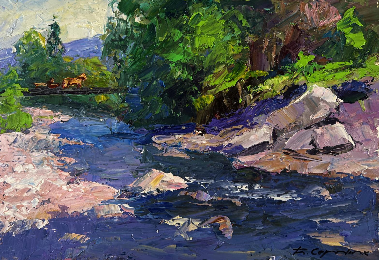 Vibrant impressionist oil painting by Boris Serdyuk of mountain river descending through forest