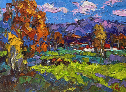 Oleksiy Ivanyuk oil painting: Early morning field with vibrant autumn trees