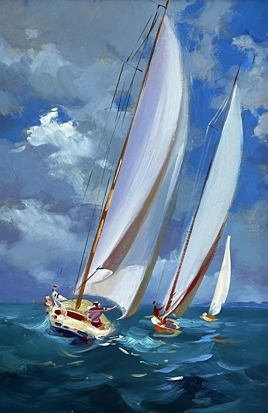 Oil painting of white-sailed sailboat at sea by Yuriy Suprunchuk