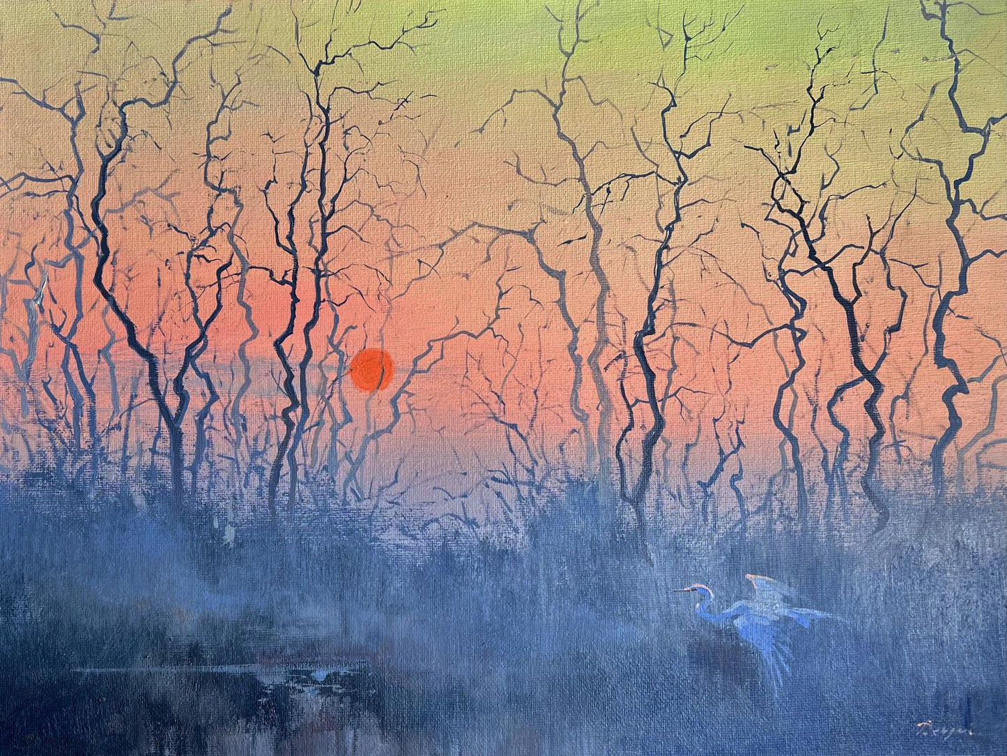 Serene sunset oil painting Evening on a Misty Lake by Tatyana Derdey