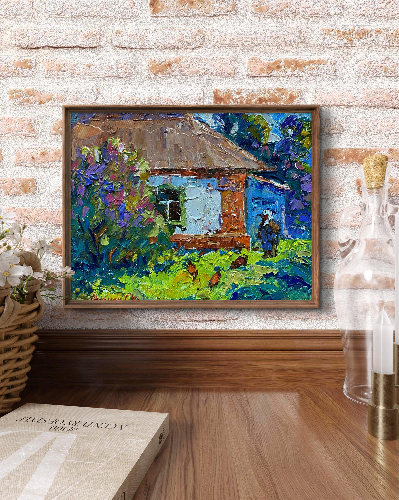 Oil painting by Oleksiy Ivanyuk: chickens in yard, rustic cottage, lush greenery