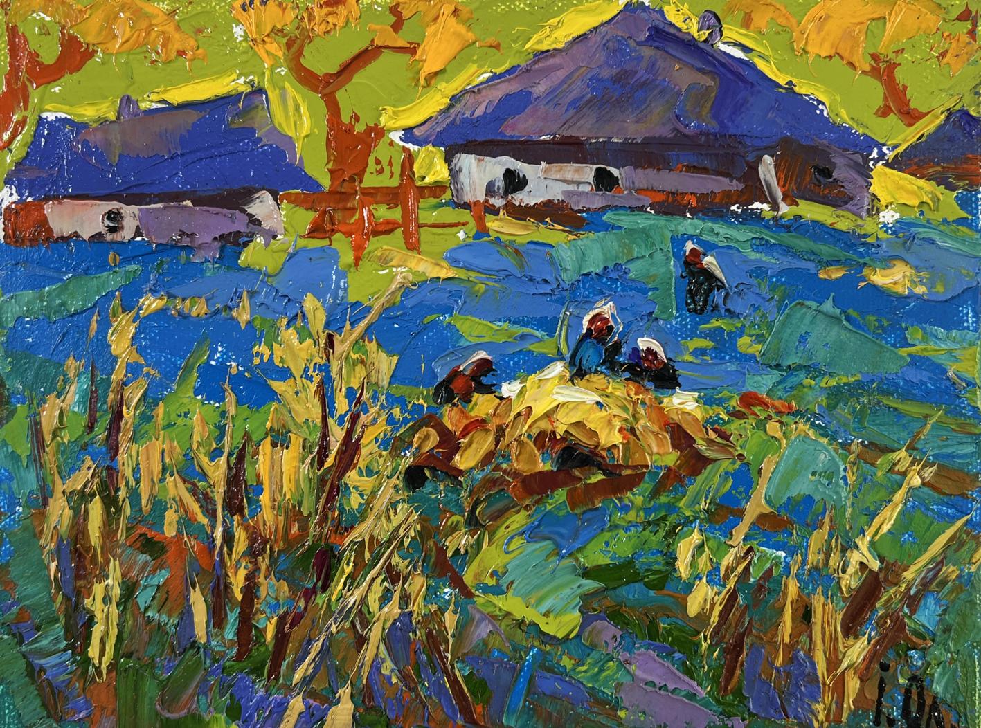 Vibrant Golden Harvest oil painting by Oleksiy Ivanyuk: rural cottages, autumn trees