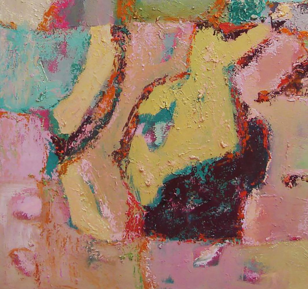 Vibrant oil painting pastel landscape by Tatyana Shulyak in yellow, pink, teal, brown