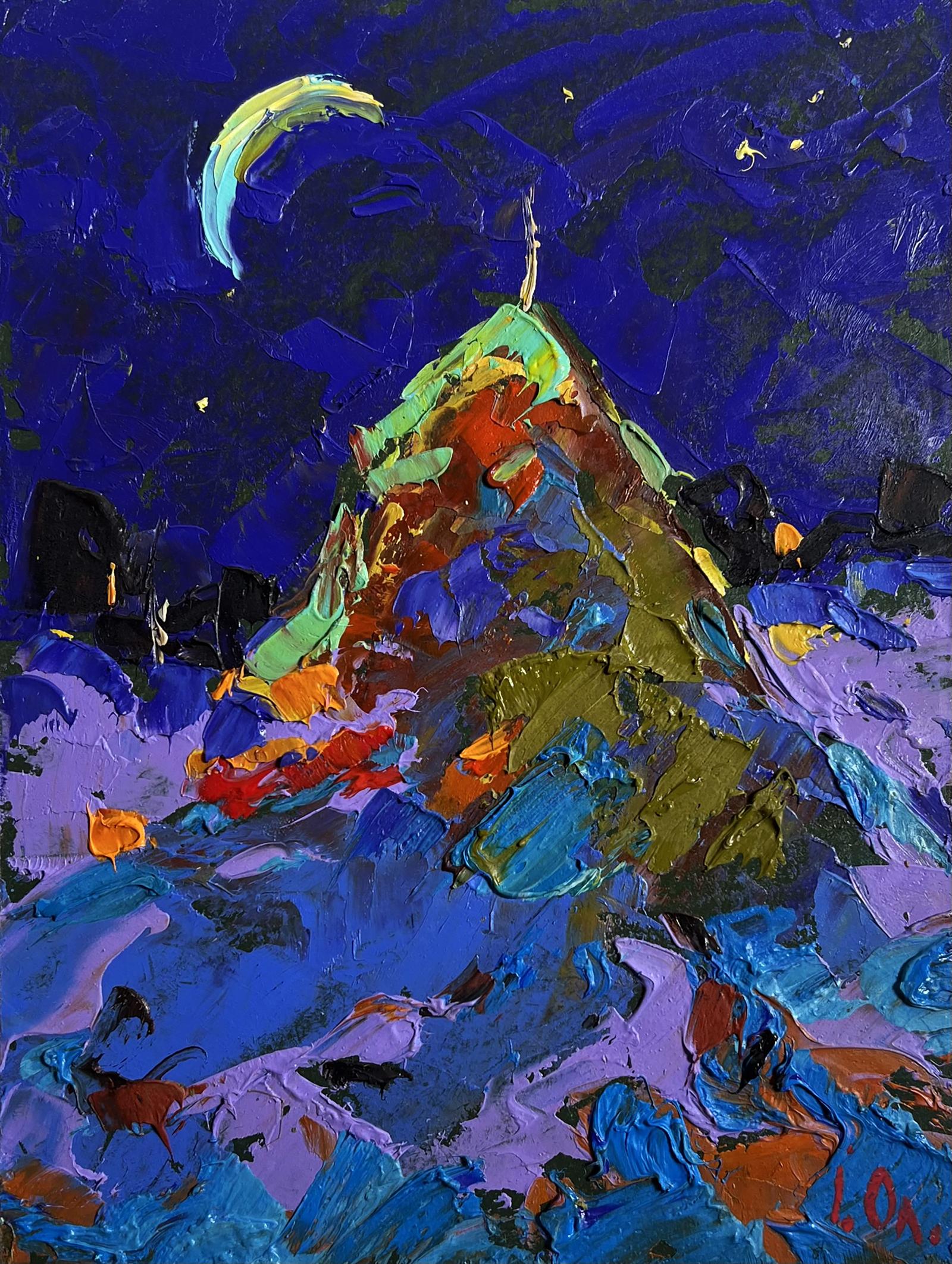 Oil painting Moonlit Night in the Field by Oleksiy Ivanyuk, vibrant abstract mountains