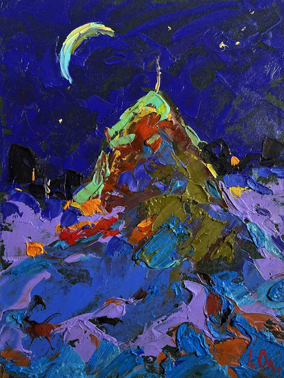 Oil painting Moonlit Night in the Field by Oleksiy Ivanyuk, vibrant abstract mountains