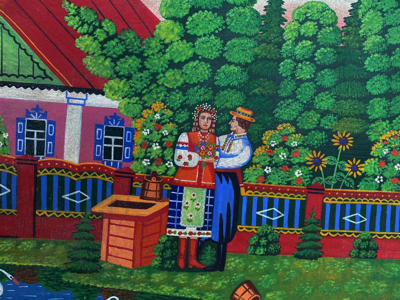 Vibrant oil painting of loving couple near river by fence, folk art