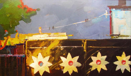 Oil painting Gate in the Village by Natalia Korf-Ivaniuk with yellow flowers
