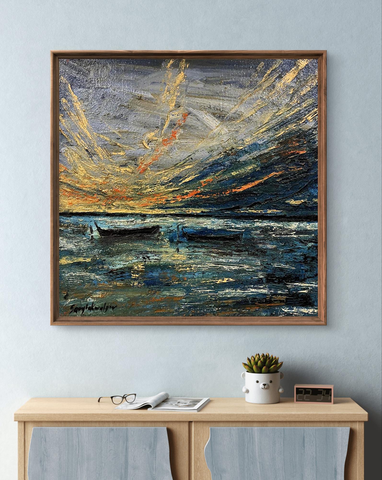 Oil painting Boats in the sea by Serhiy Kovalev with gold orange blue hues