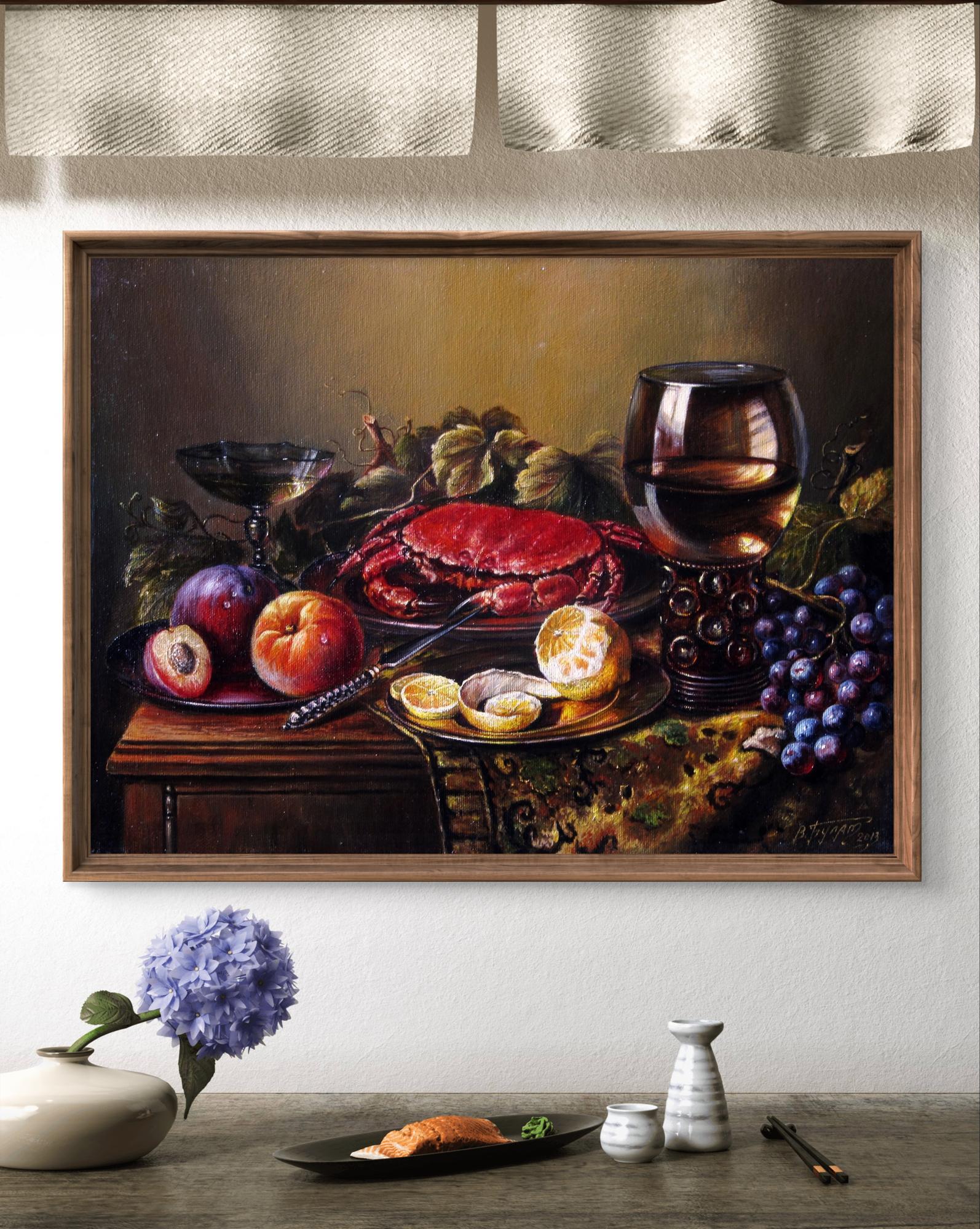 Oil painting Still life with crab by Valeriy Bulat in wooden frame