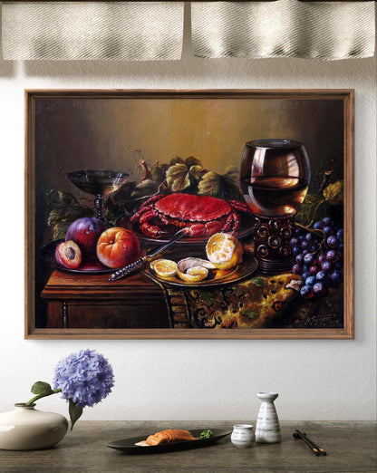 Oil painting Still life with crab by Valeriy Bulat in wooden frame