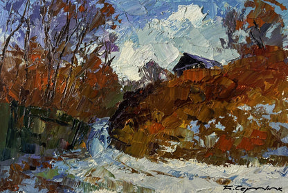 Textured impressionist oil painting by Boris Serdyuk: snowy hillside house with autumn trees