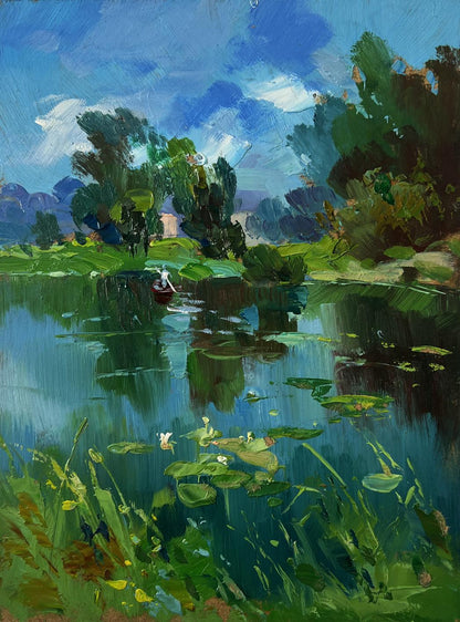 Serene impressionist oil painting of red rowboat on forest river by Yuriy Suprunchuk