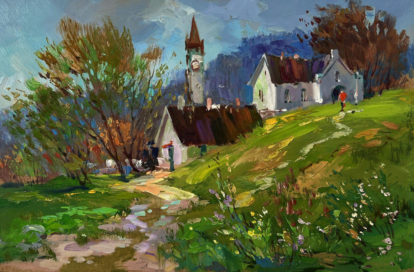 Vibrant impressionist oil painting of Yuriy Suprunchuk house in mountains