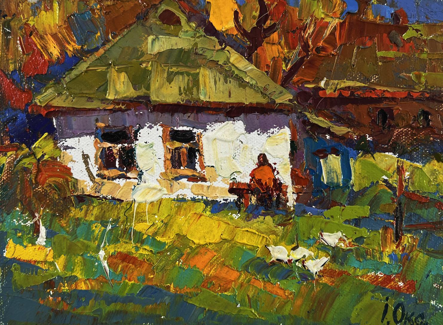 Impressionistic oil painting by Oksana Ivanyuk of rustic house amid autumn foliage