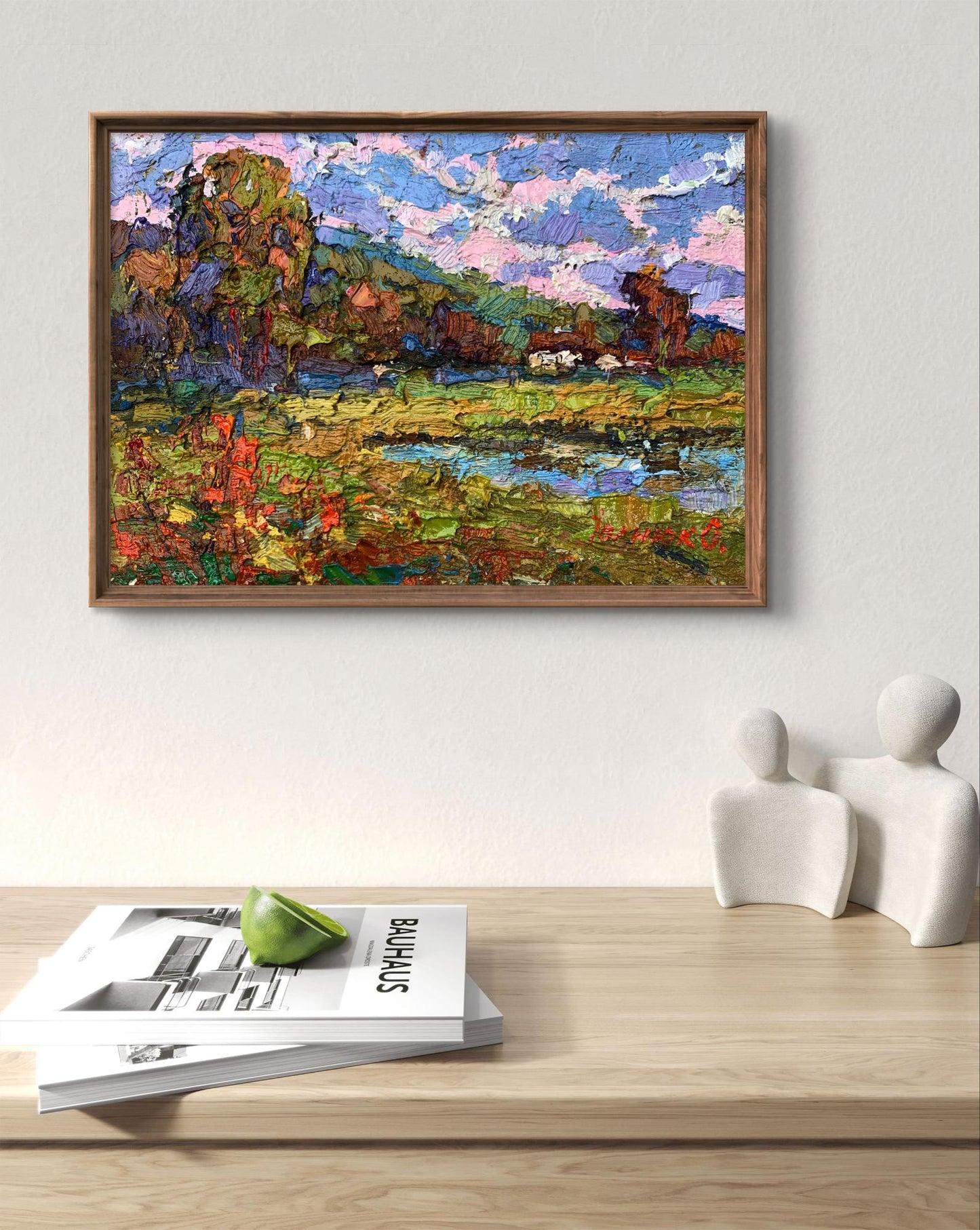 Vibrant impressionist oil painting On the edge of the village by Oksana Ivanyuk in wooden frame