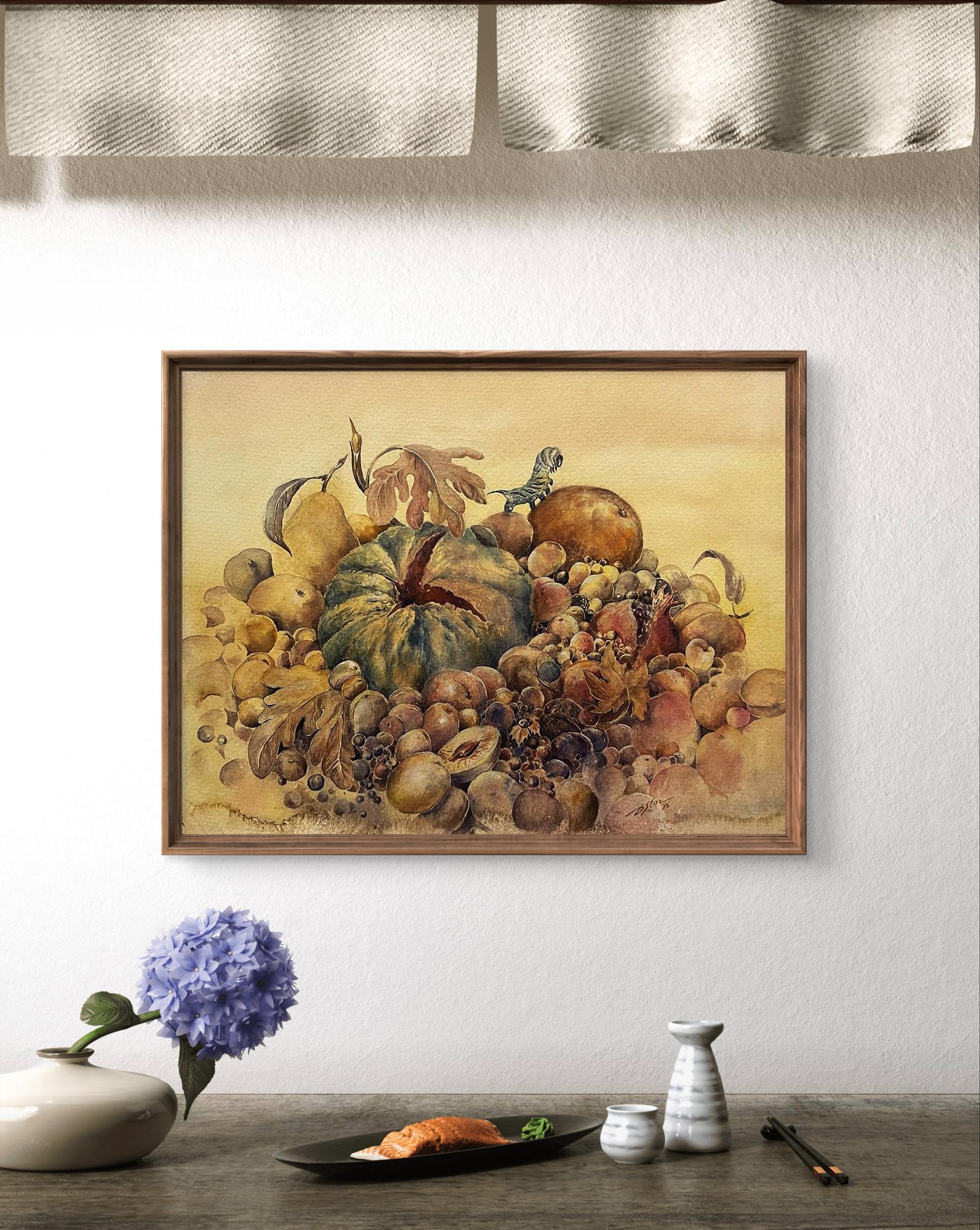 Framed watercolor still life painting with pumpkins and fruits by Dmytro Startsev
