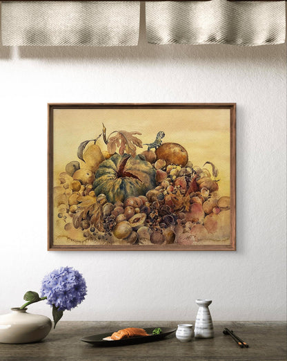 Framed watercolor still life painting with pumpkins and fruits by Dmytro Startsev