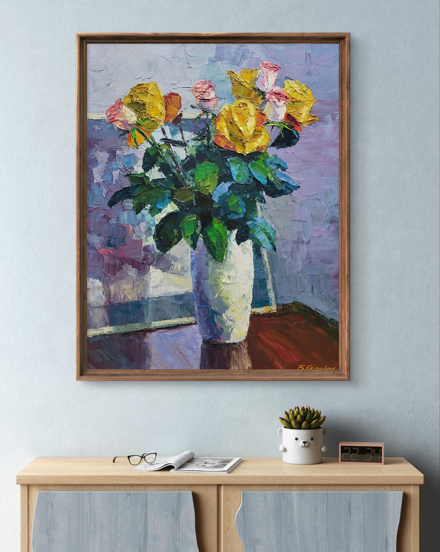 Vibrant impressionist oil painting of yellow pink roses in white vase by Boris Serdyuk