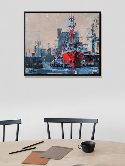 Framed oil painting Lighthouse ship return by Volodymyr Gluhomanyuk