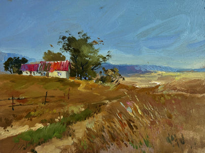 Oil painting Comfort on the edge of the field by Yuriy Suprunchuk rustic house with red purple roof among trees