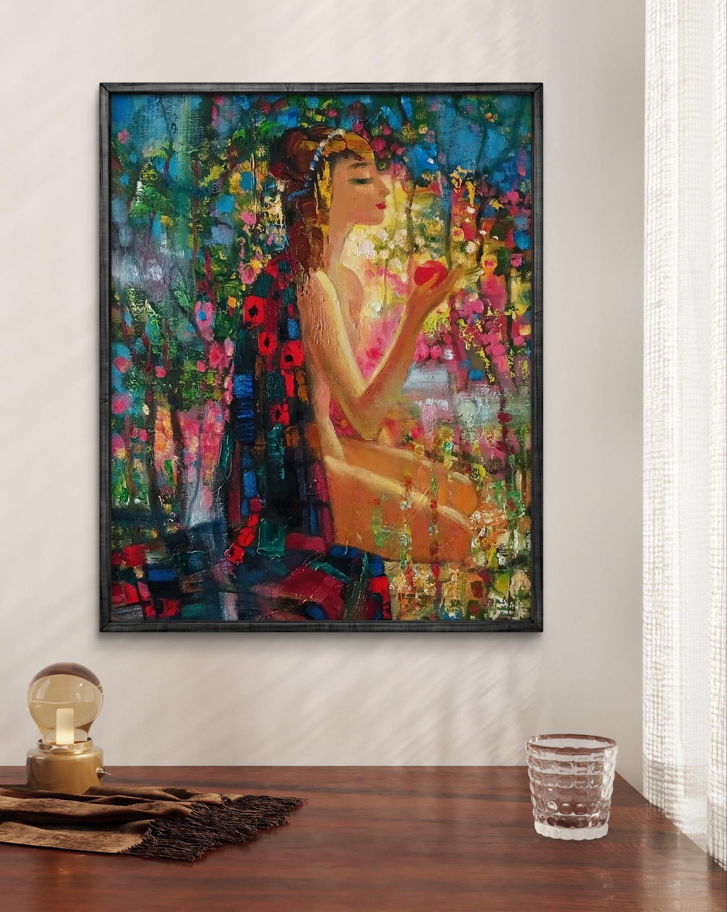 Vibrant abstract oil painting Morning Woman by Anatoly Tarabanov in black frame