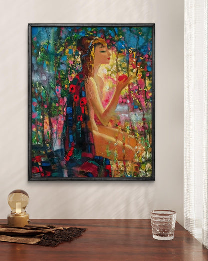 Vibrant abstract oil painting Morning Woman by Anatoly Tarabanov in black frame