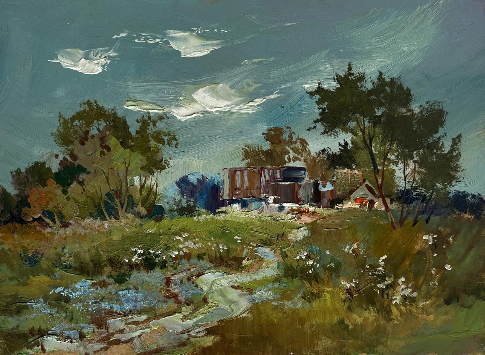 Oil painting of rustic wooden shed in summer countryside tranquility by Yuriy Suprunchuk