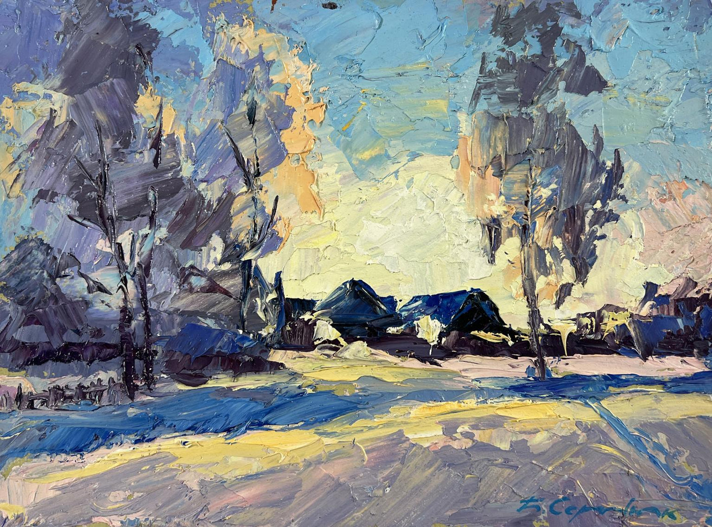 Oil painting Winter silence between trees and houses by Boris Serdyuk