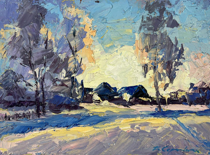Oil painting Winter silence between trees and houses by Boris Serdyuk