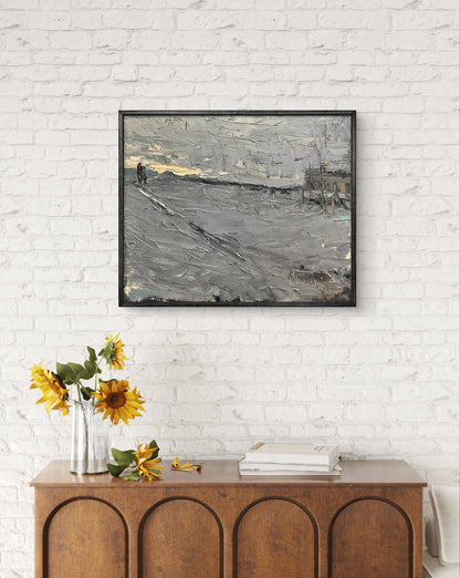 Oil painting Snowy road by Volodymyr Pashchenko, black-framed abstract landscape