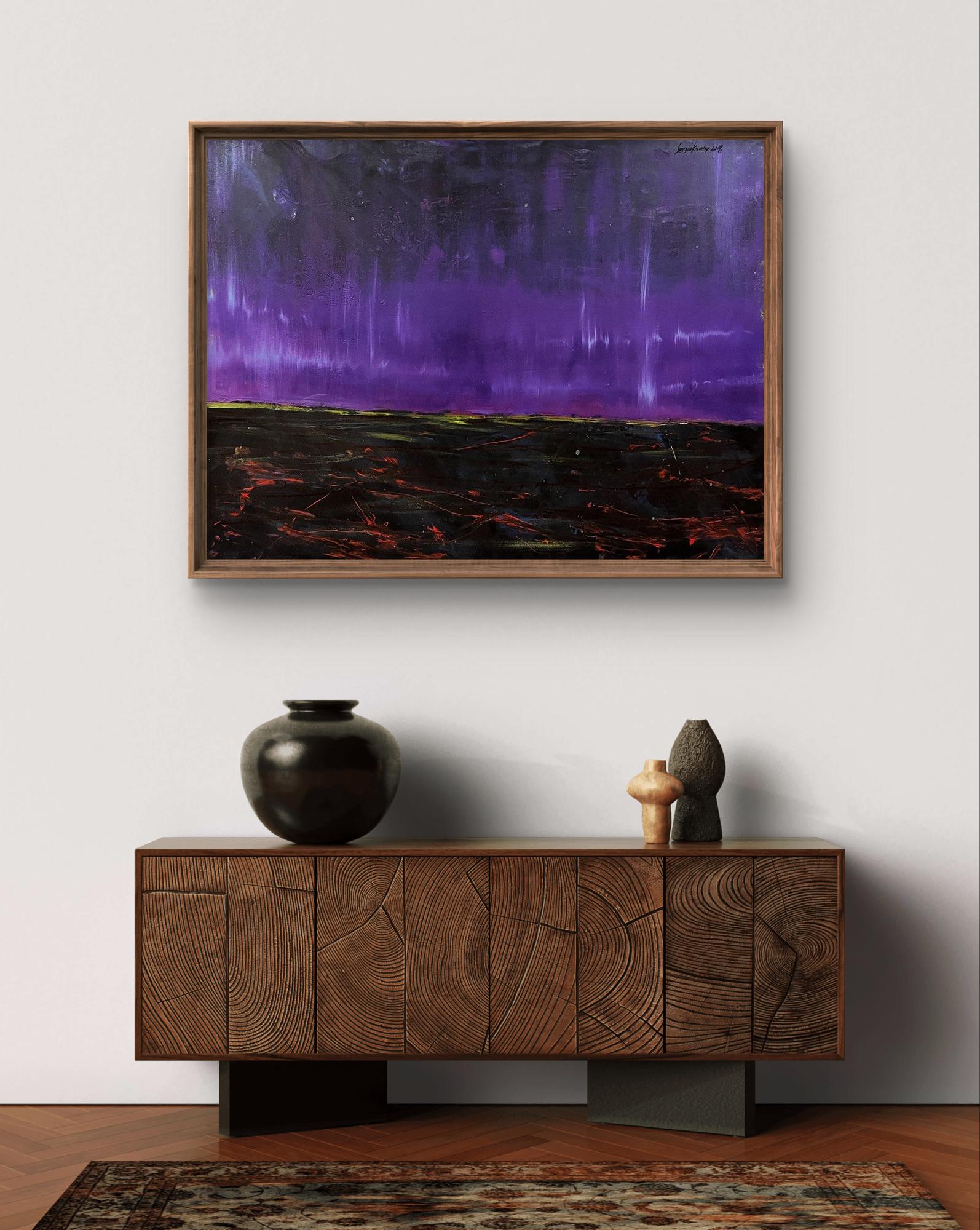 Framed oil painting Space Landscape by Serhiy Kovalev, purple sky and textured ground