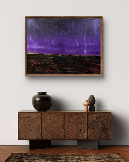 Framed oil painting Space Landscape by Serhiy Kovalev, purple sky and textured ground