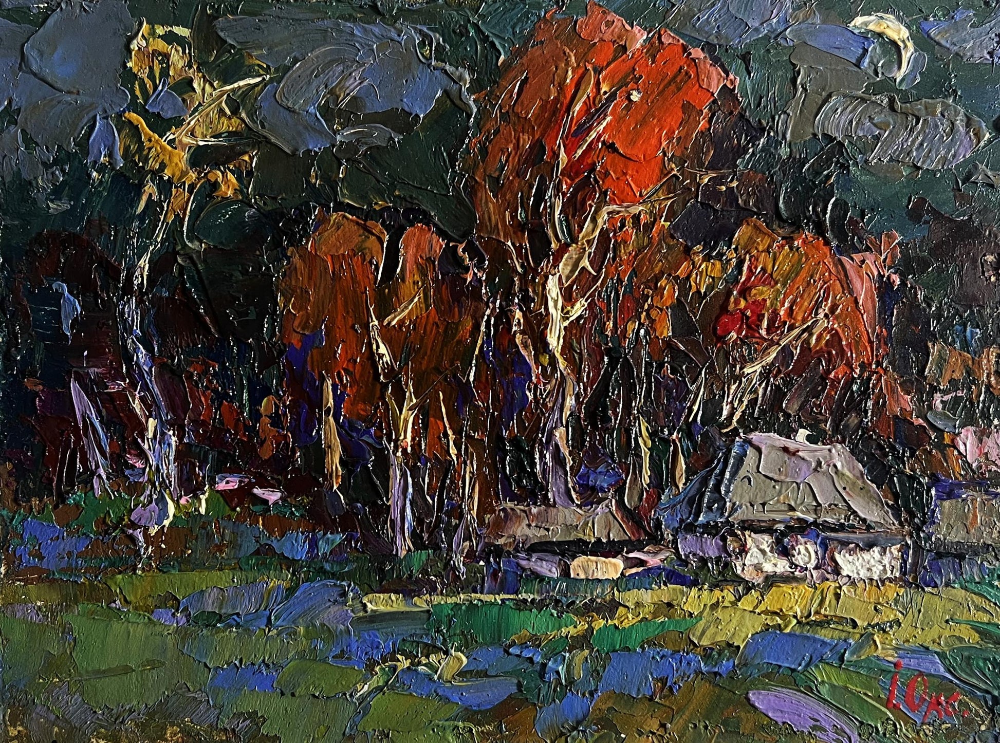 Oil painting of moon over village by Oksana Ivanyuk with fiery forest