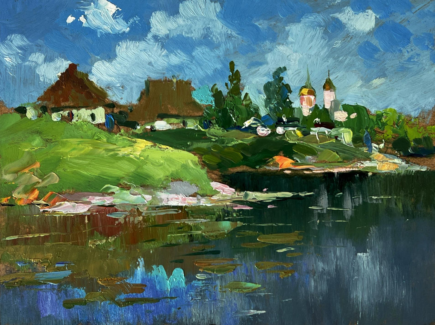 Vibrant oil painting of river near village by Yuriy Suprunchuk