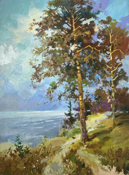 Tall slender pine tree oil painting Where the fairy tale lives by Yuriy Suprunchuk