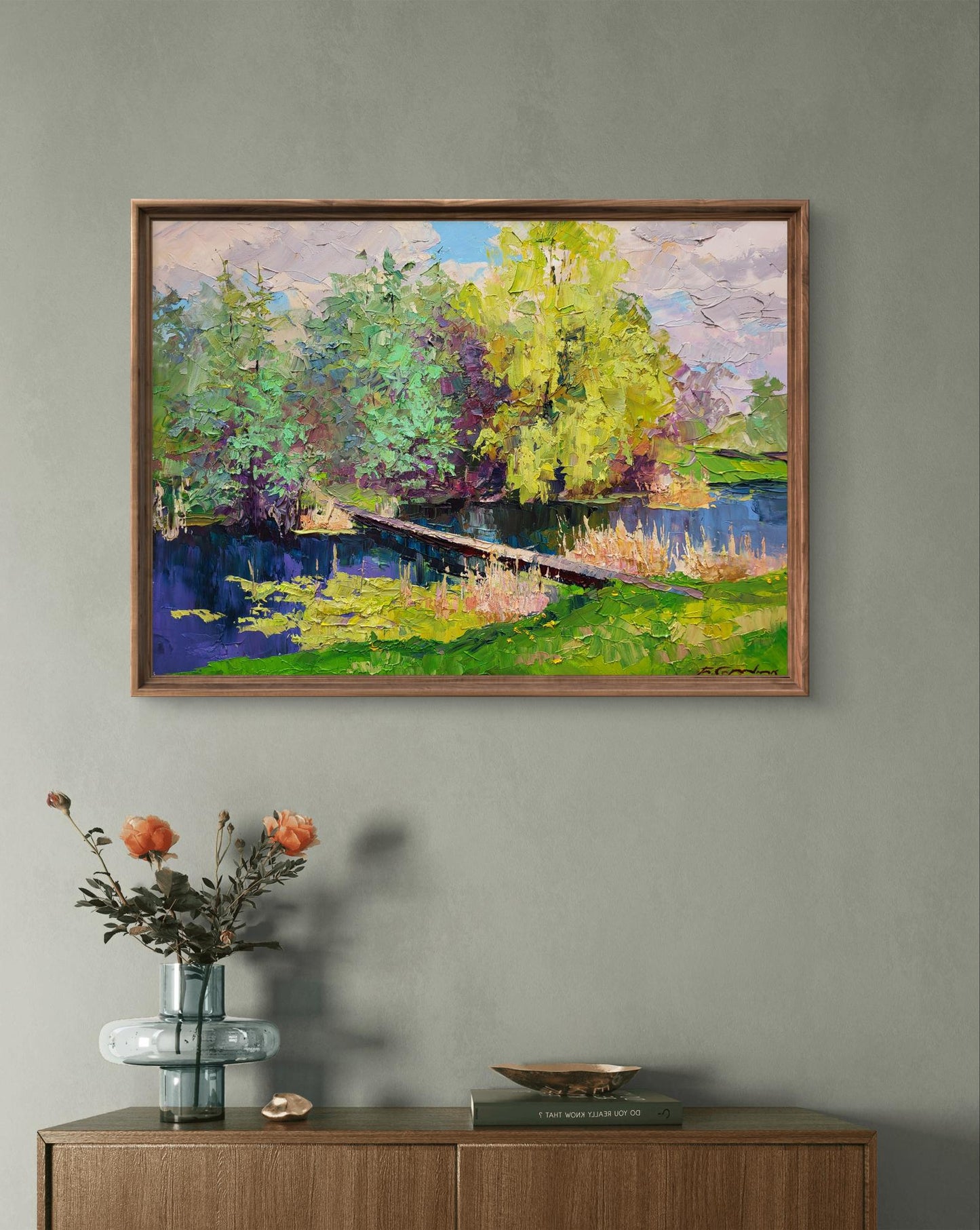 Oil painting Bridge by Boris Serdyuk: impressionist landscape with pond and bridge