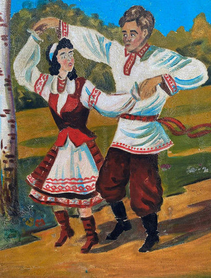 Oil painting of dancing young couple in embroidered folk costumes