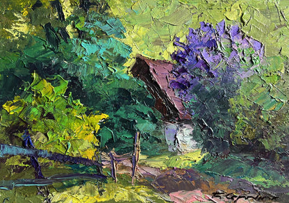 Oil painting Lilac bush in garden by Boris Serdyuk with rustic shed