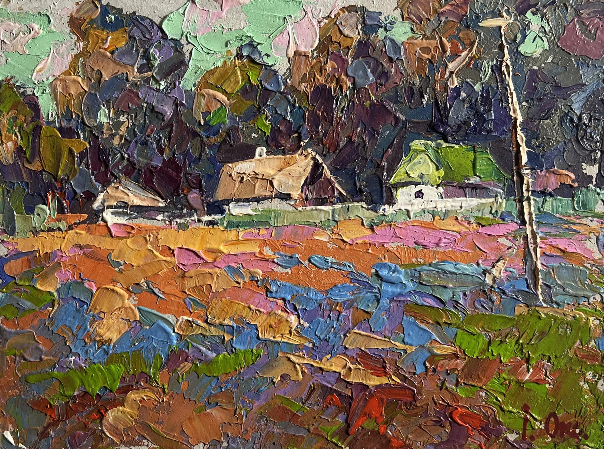 Vibrant impressionist oil painting of Oksana Ivanyuk colourful fields and village