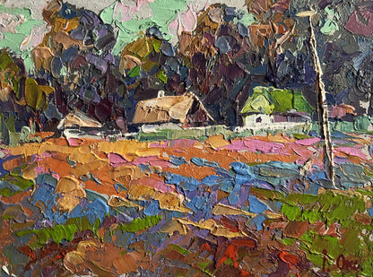 Vibrant impressionist oil painting of Oksana Ivanyuk colourful fields and village
