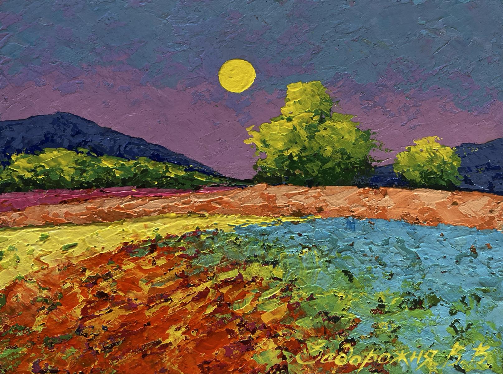Vibrant impressionist oil painting by V. Zadorozhnya: pink silky sunset