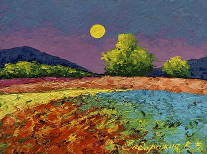 Vibrant impressionist oil painting by V. Zadorozhnya: pink silky sunset