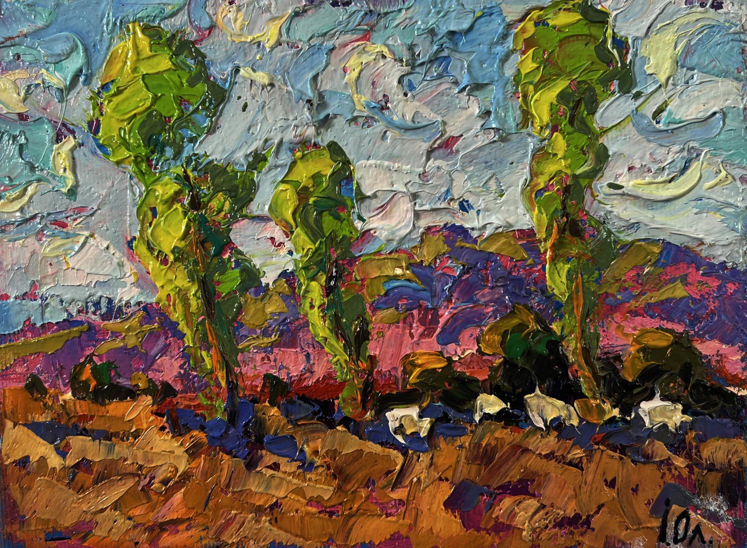 Vibrant Oleksiy Ivanyuk oil painting of meadow with animals, green trees, swirling sky