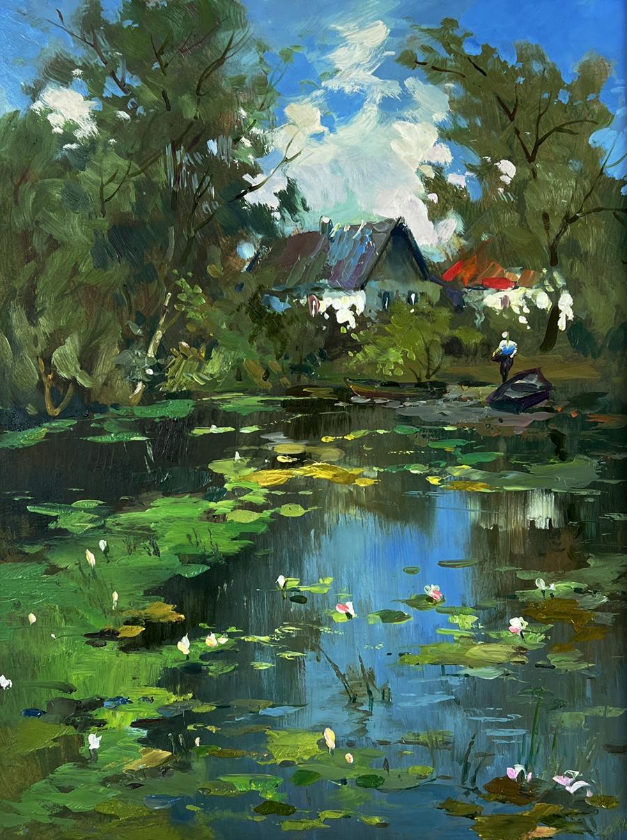 Vibrant impressionist oil painting of village lake with lily pads by Yuriy Suprunchuk