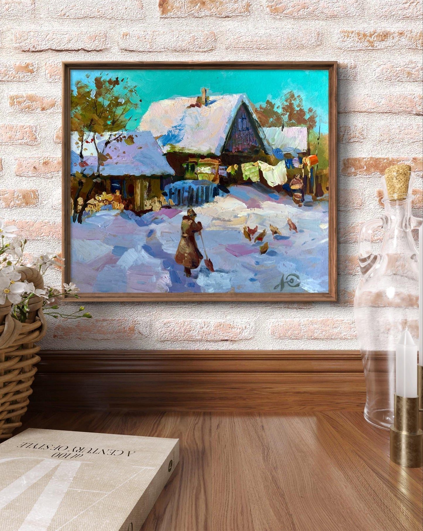 Framed oil painting by Yuriy Suprunchuk: snowy village with turquoise sky