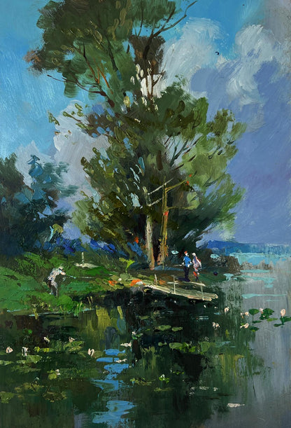 Vibrant impressionist oil painting of lush green tree reflecting in lily pad river by Yuriy Suprunchuk