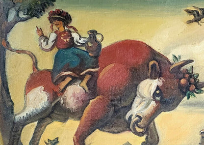 Oil painting To the fair by Daniil Litvinov: red bull with fruit crown